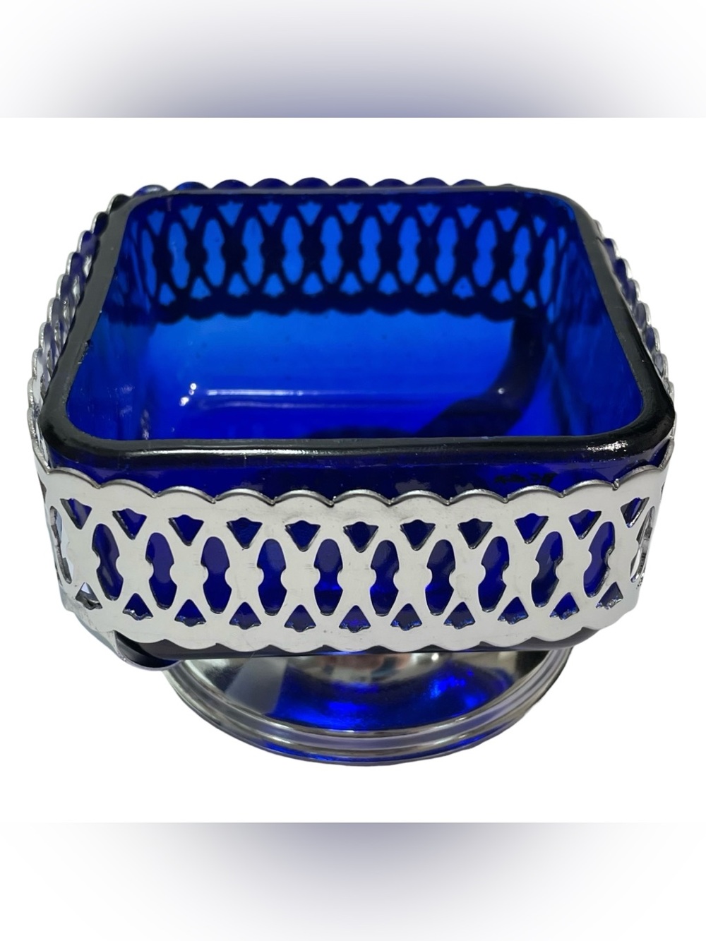 Vintage 1950s Cobalt Glass Dish With Chrome Base Made in Hong Kong